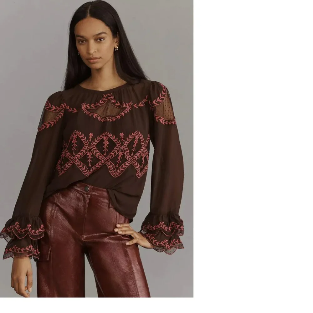 By Anthropologie Long-Sleeve Appliqué Blouse TOP XS new brown